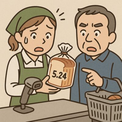 ドラッグストアのレジで、50代の女性店員が消費期限5月24日のパンを発見し、お客様と困った表情で向き合う場面のイラスト