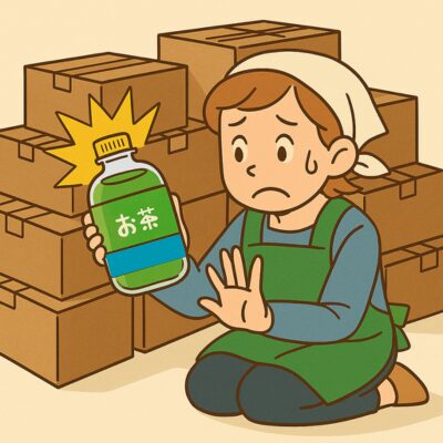 段ボールが積まれたバックヤードで、50代の女性店員が賞味期限が近いペットボトル飲料を見つけて困った表情をしているイラスト