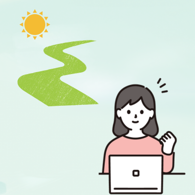 転職活動に前向きな気持ちで取り組む女性。明るい太陽と緑の道が未来への希望を表している。