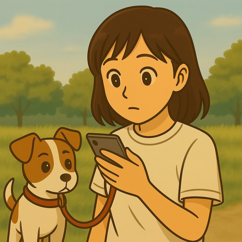 犬の散歩中、白いTシャツを着た女性がスマホを見て驚いた表情をしている。不採用通知を読んでいるシーン。