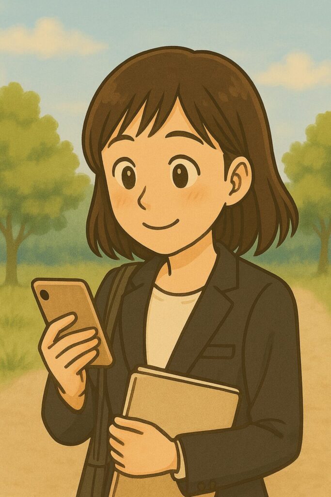 黒いジャケットを着た女性が、面接帰りにスマホを見て微笑んでいる様子。背景は公園のような自然の中。